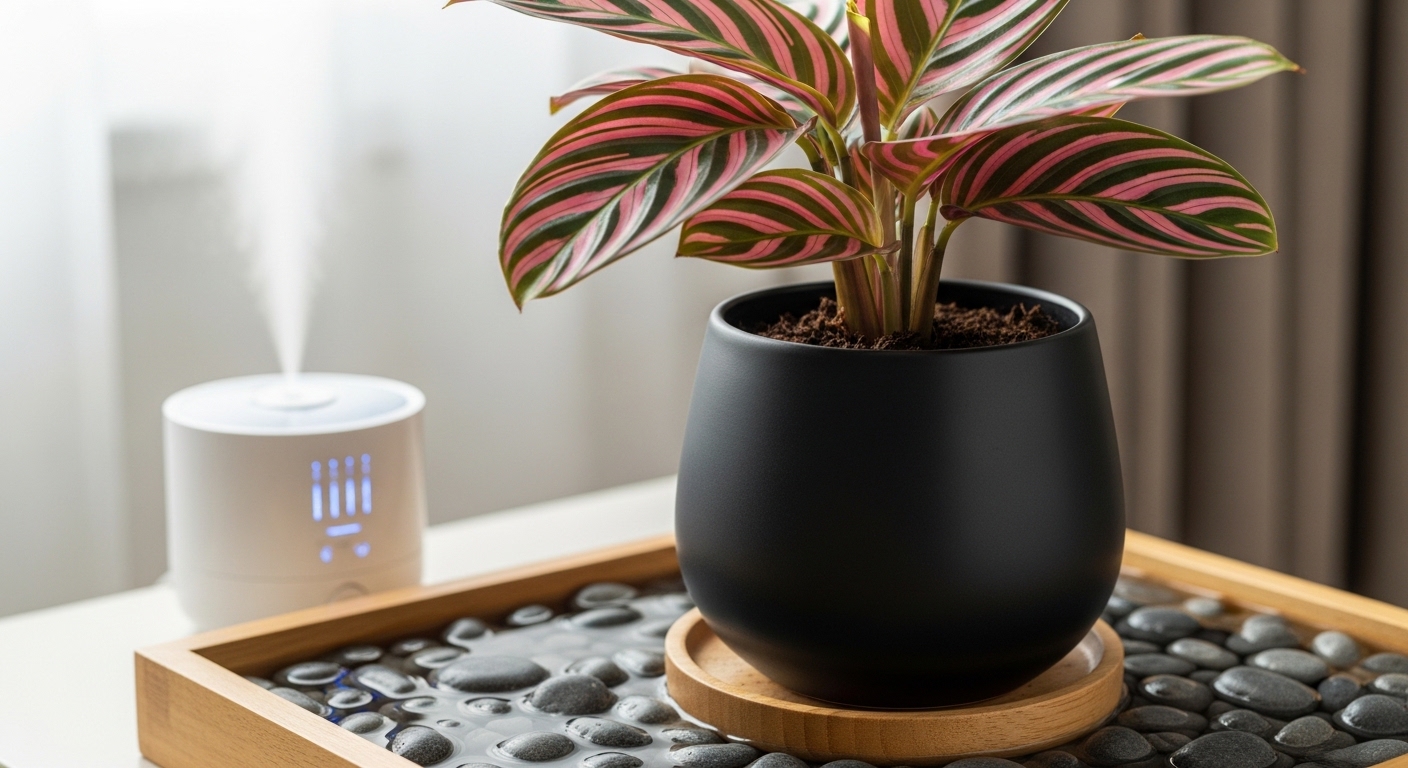 Calathea on a pebble tray beside a humidifier in winter light