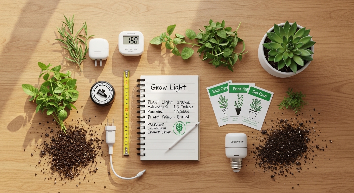 Grow light setup toolkit flat lay with timer and plant notes