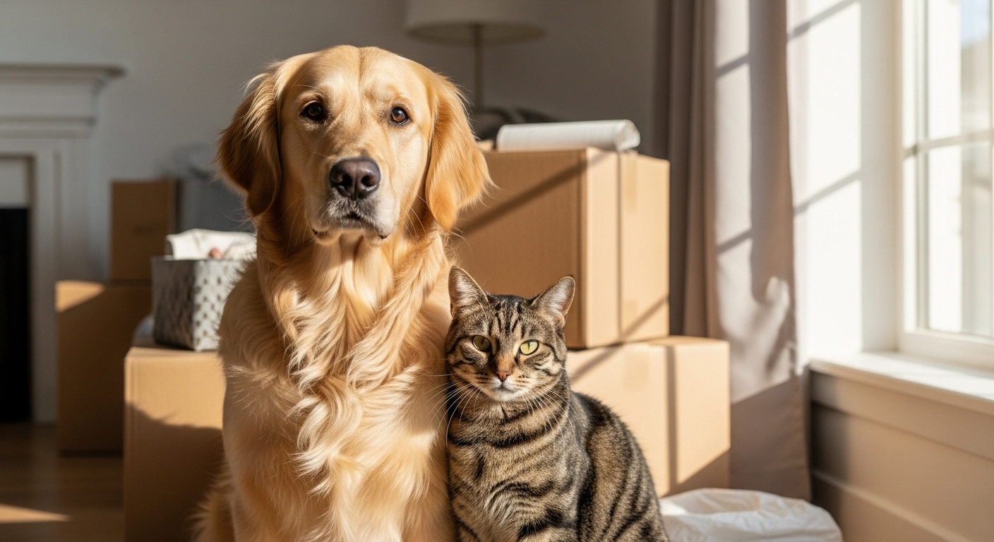 dog and cat sitting calmly beside moving boxes indoors