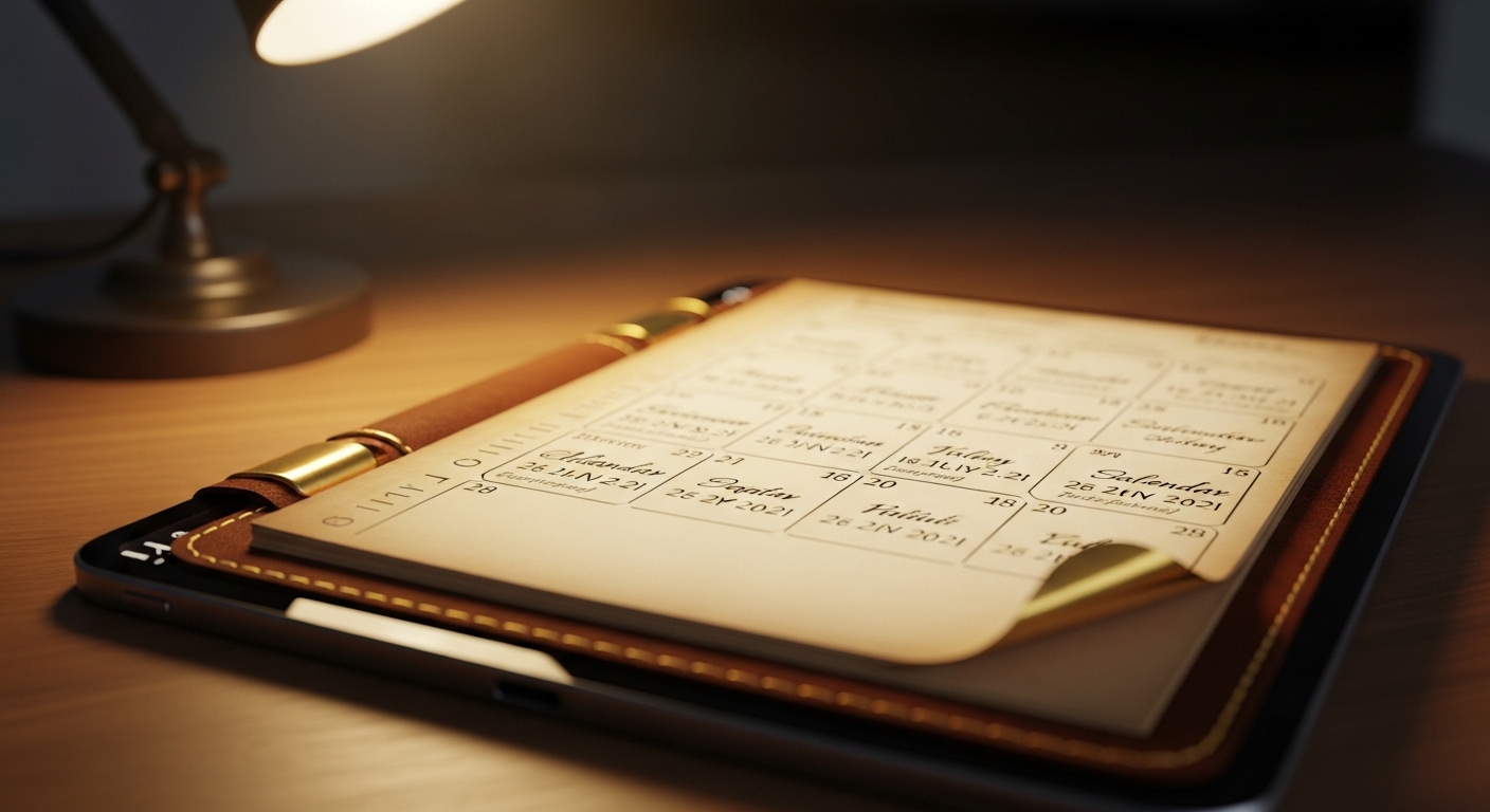 Skeuomorphic leather calendar app on tablet screen