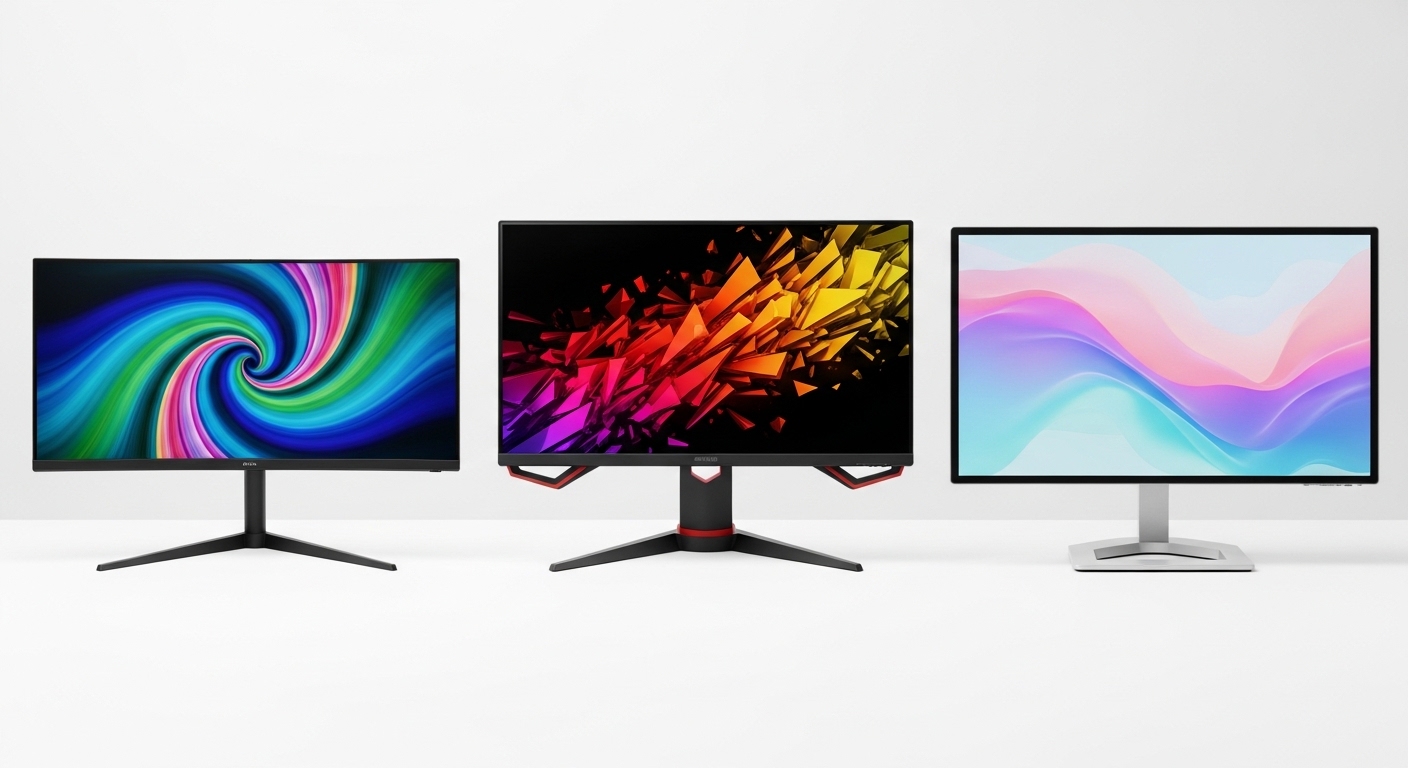 Three monitor types side by side in product photography