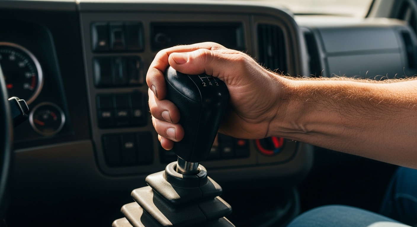 Truck driver hand on multi-speed gear lever