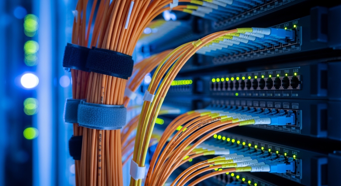 Dense fiber optic cables connected to network patch panels