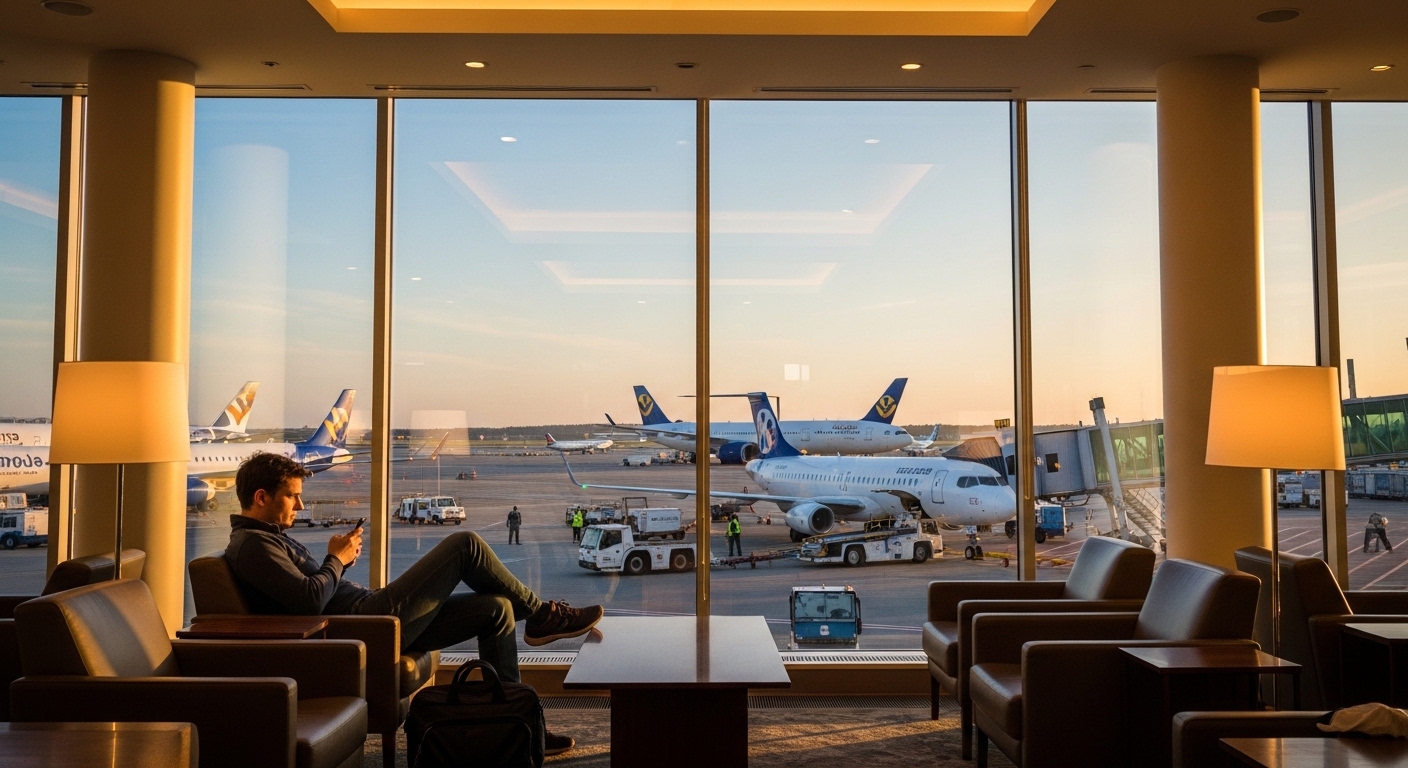 Calm traveler in airport lounge checking phone near window