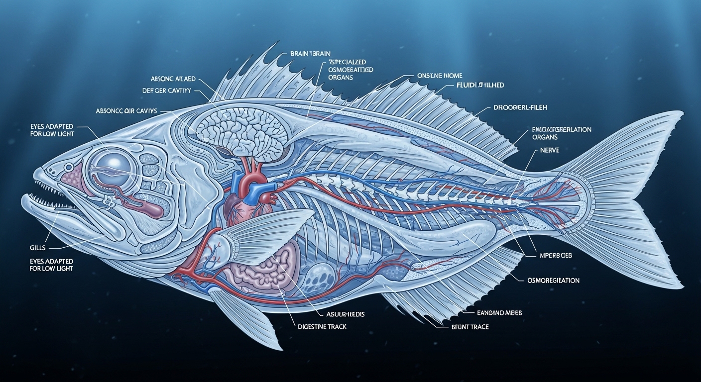 Cross-section diagram of deep sea fish anatomy adaptations