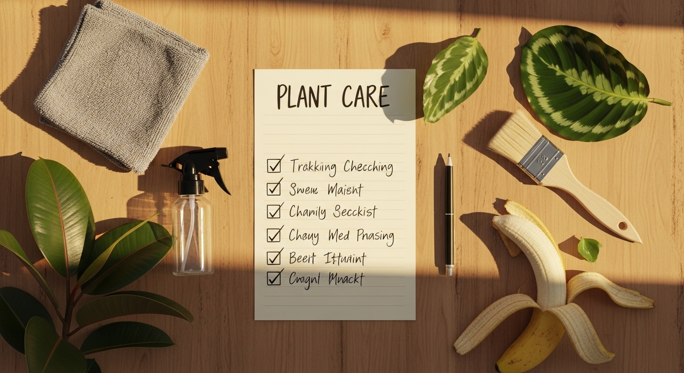 Plant leaf cleaning checklist with tools on warm wood surface