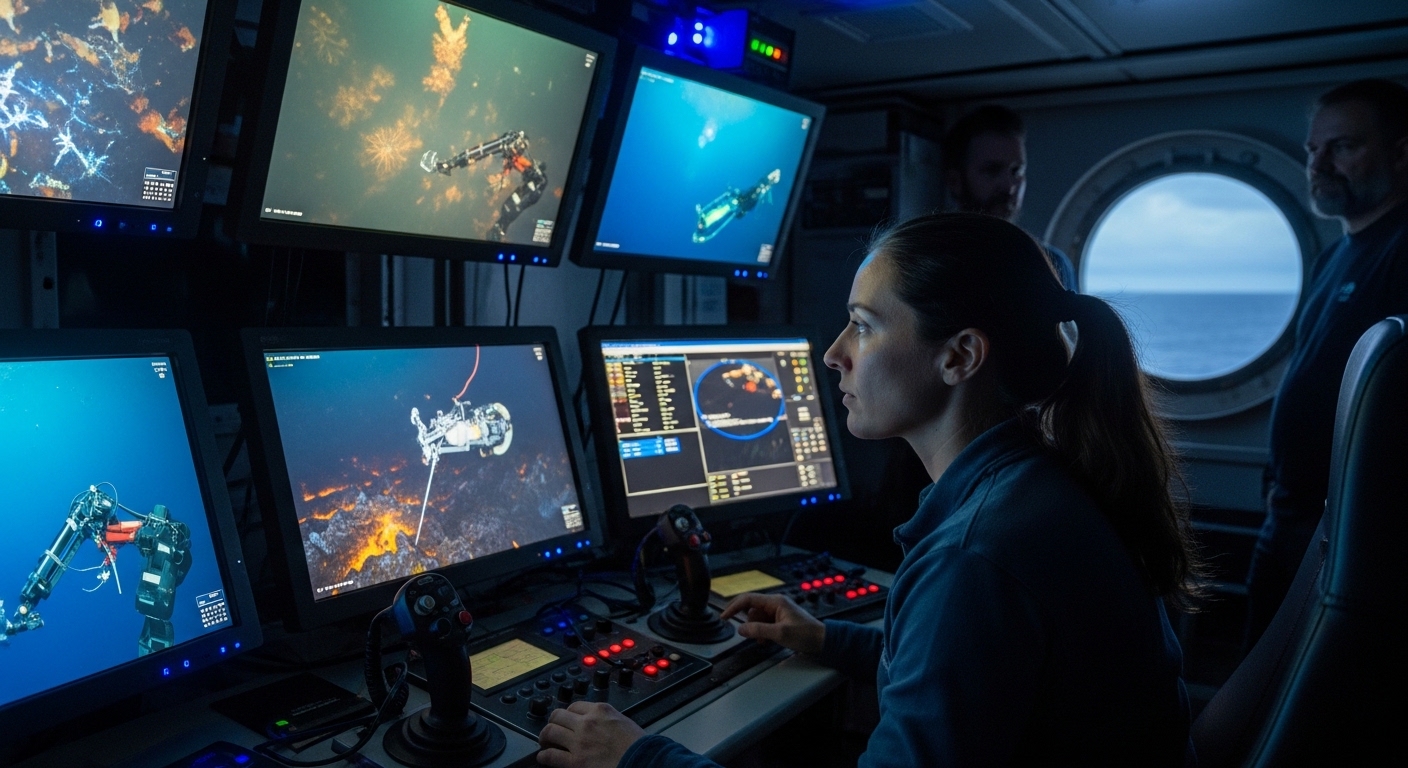 Scientist monitoring deep sea ROV feed on research vessel