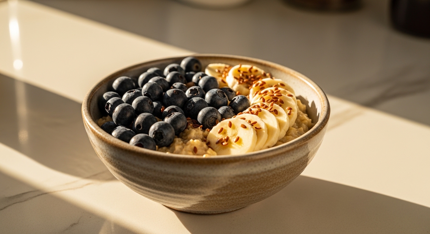 Bowl of oatmeal with fruit and seeds in morning light