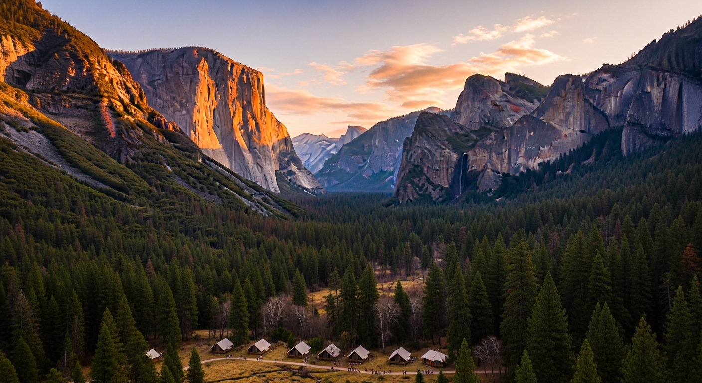 Aerial view of Yosemite Valley at golden hour
