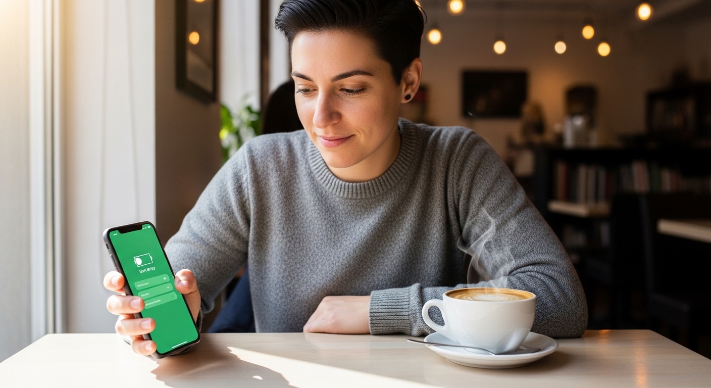 Person reviewing phone battery settings at cafe