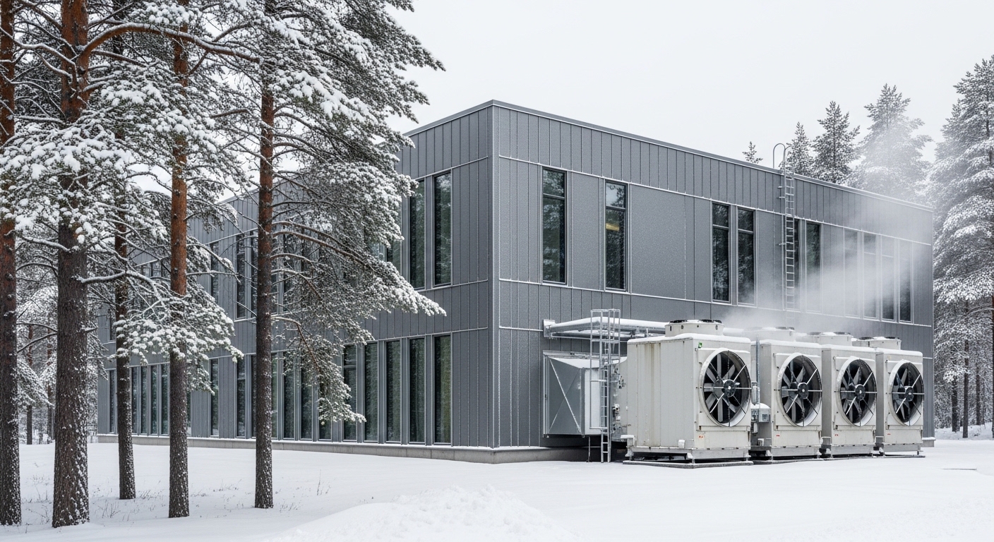 Data center building in a cold Nordic winter landscape