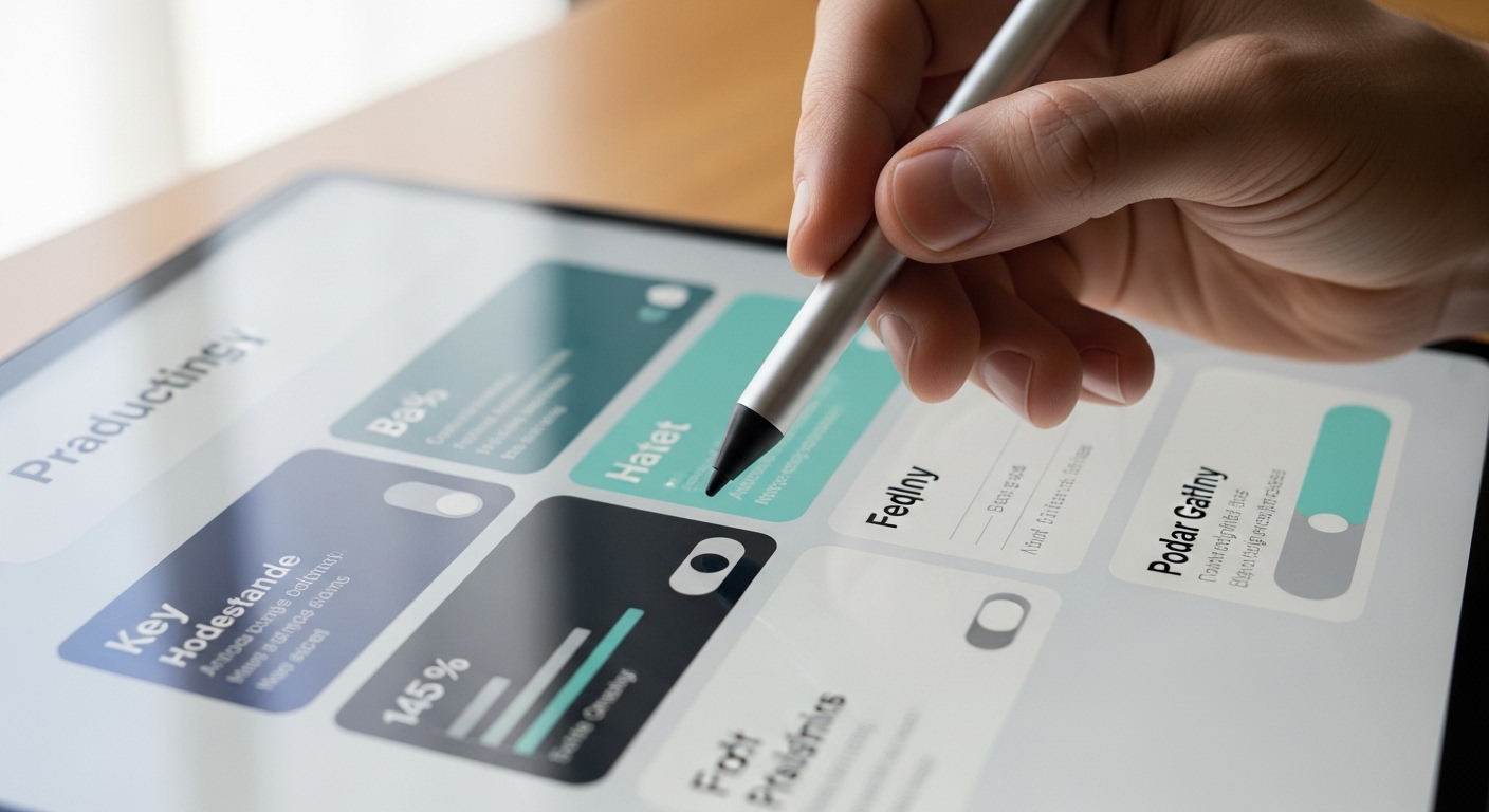 Designer working on semi-flat hybrid UI design on tablet