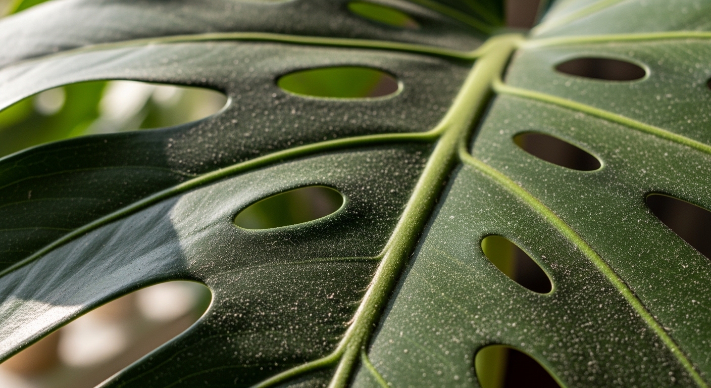 Close-up of dusty Monstera leaf surface showing fine grey film