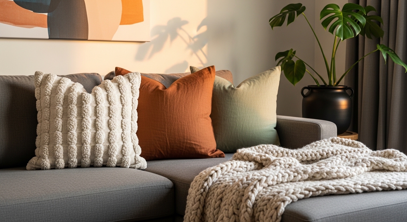 Styled sectional sofa with boucle pillows, knit throw, and monstera plant