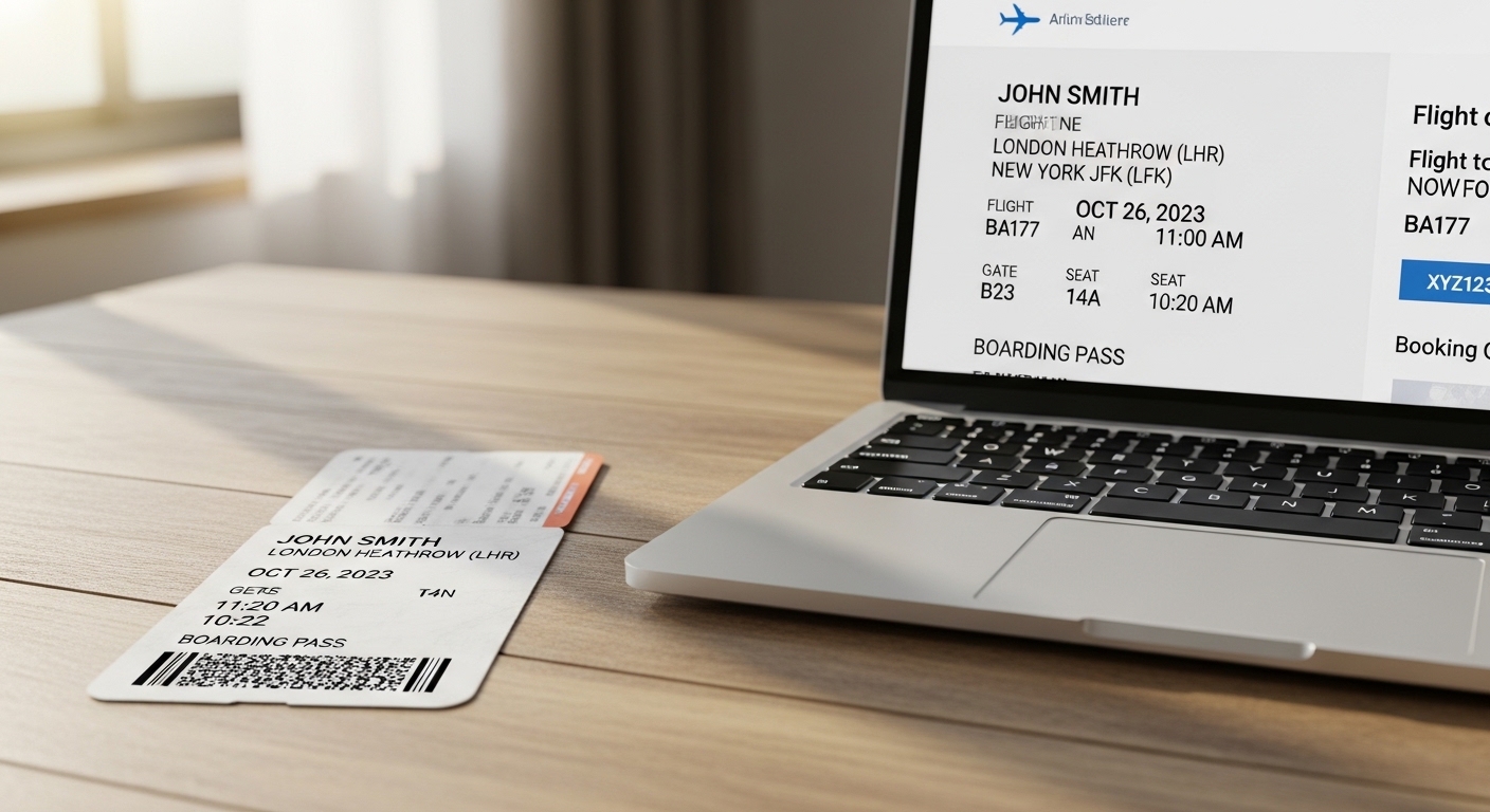 Airline boarding pass beside laptop with booking confirmation