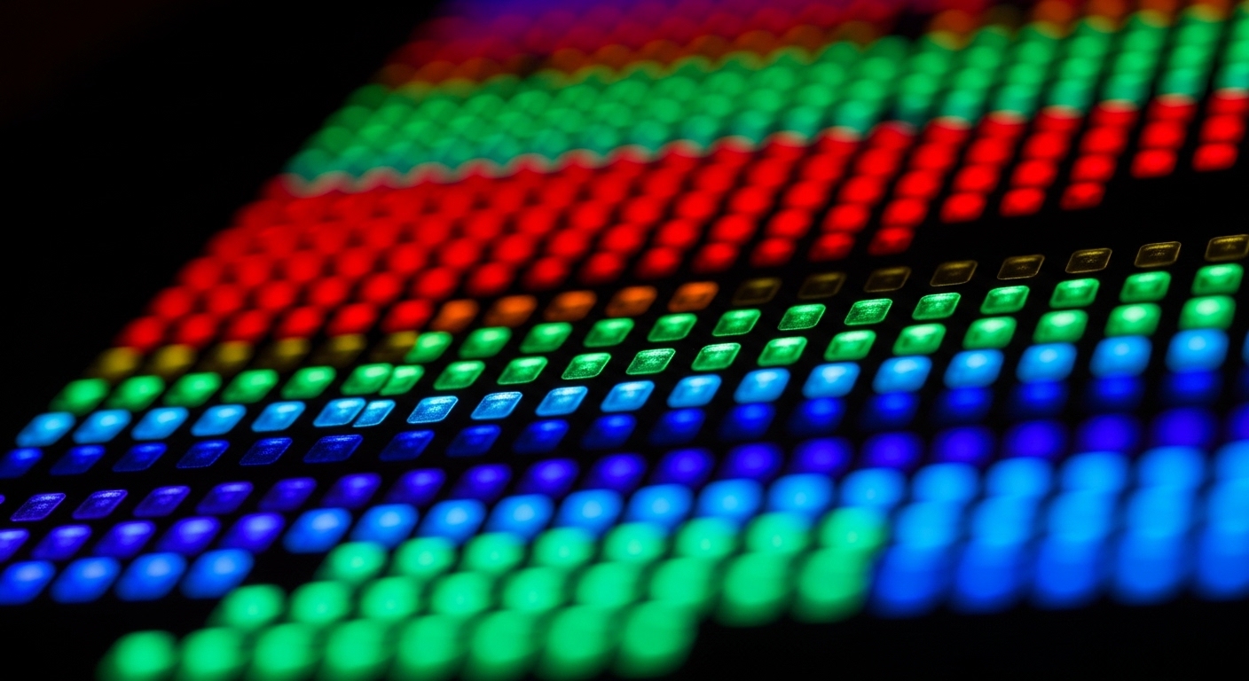 Macro close-up of monitor pixel grid glowing