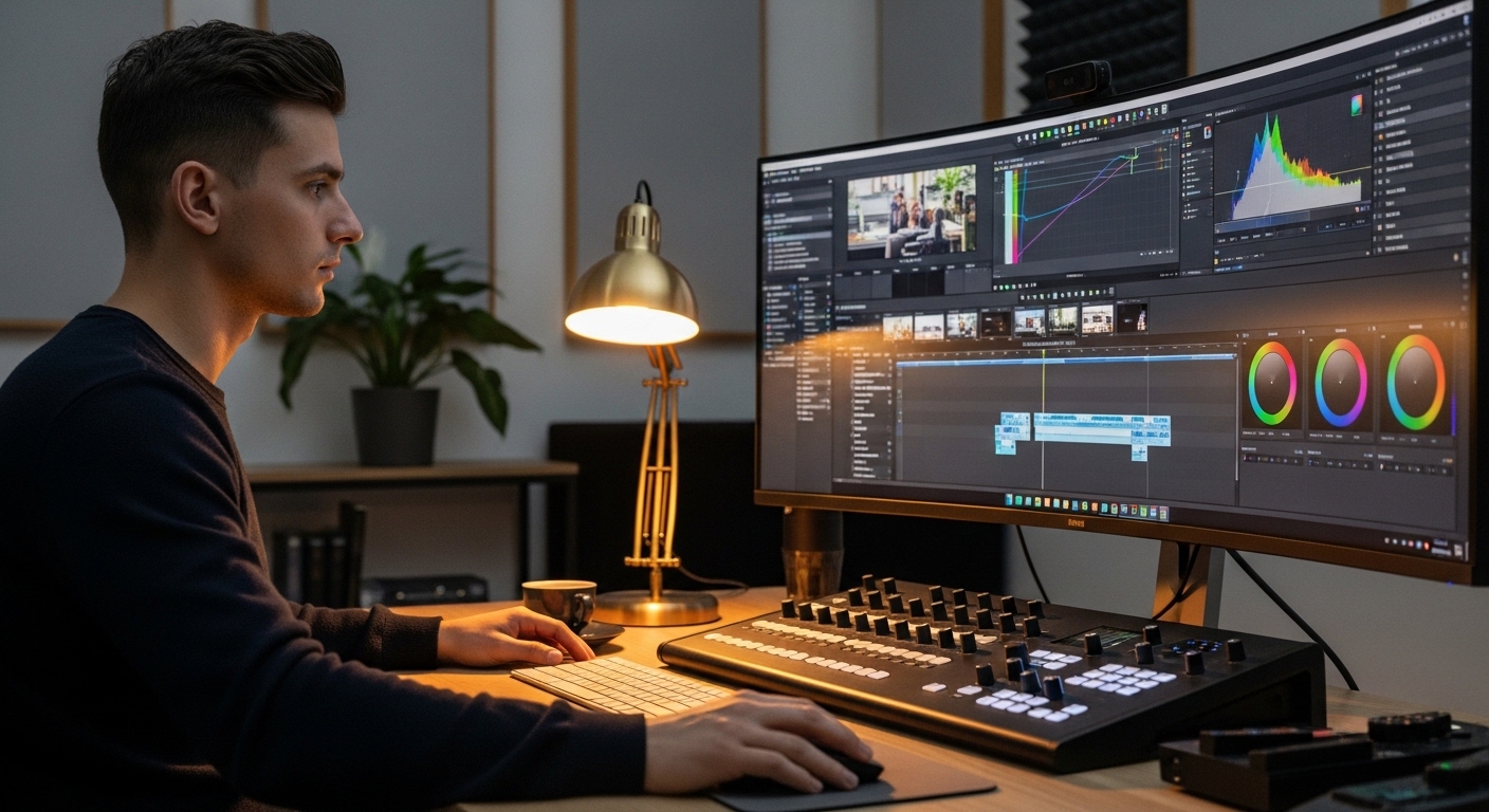 Creative professional editing video on large studio monitor