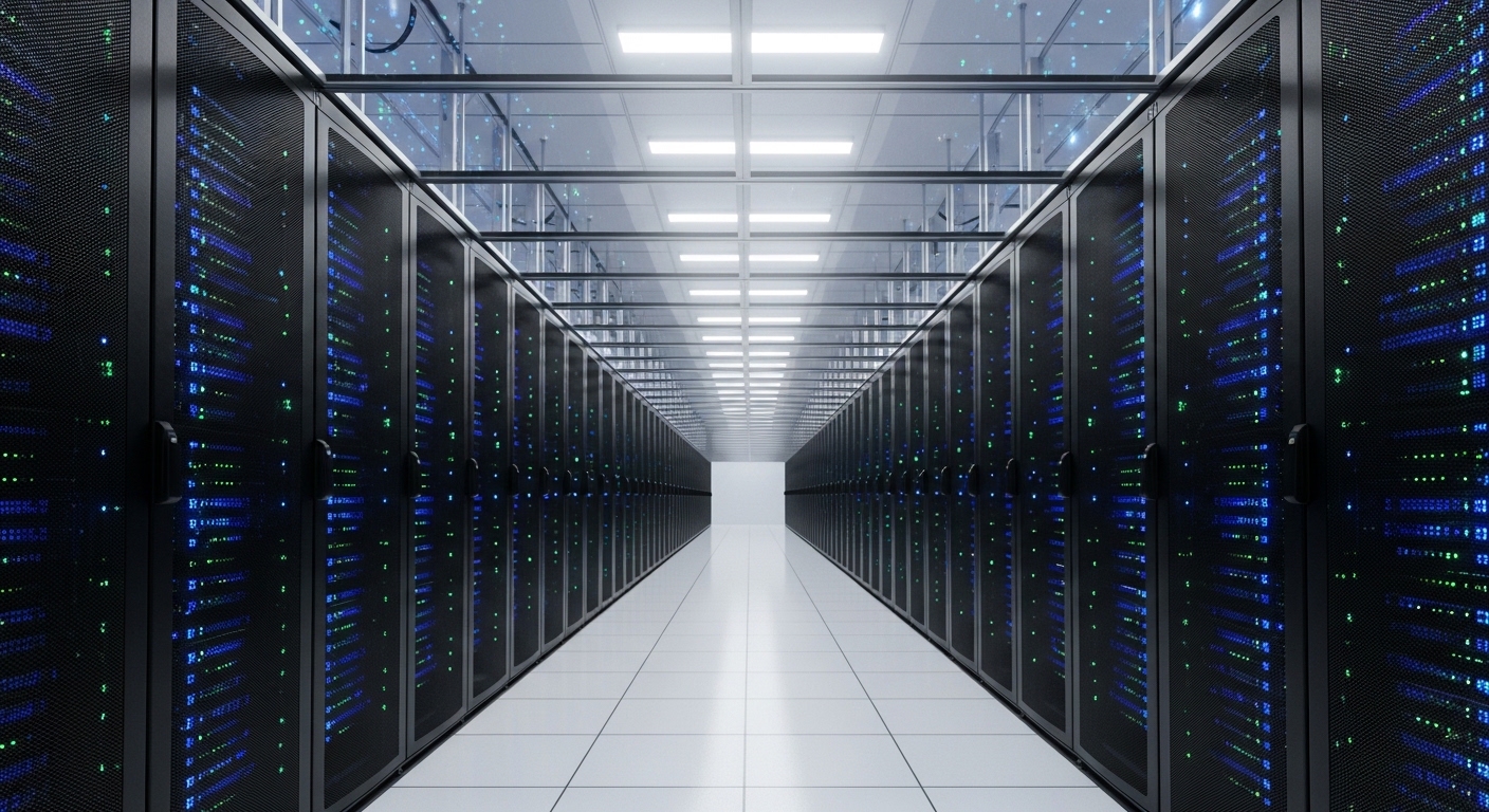 Rows of server racks inside a modern data center