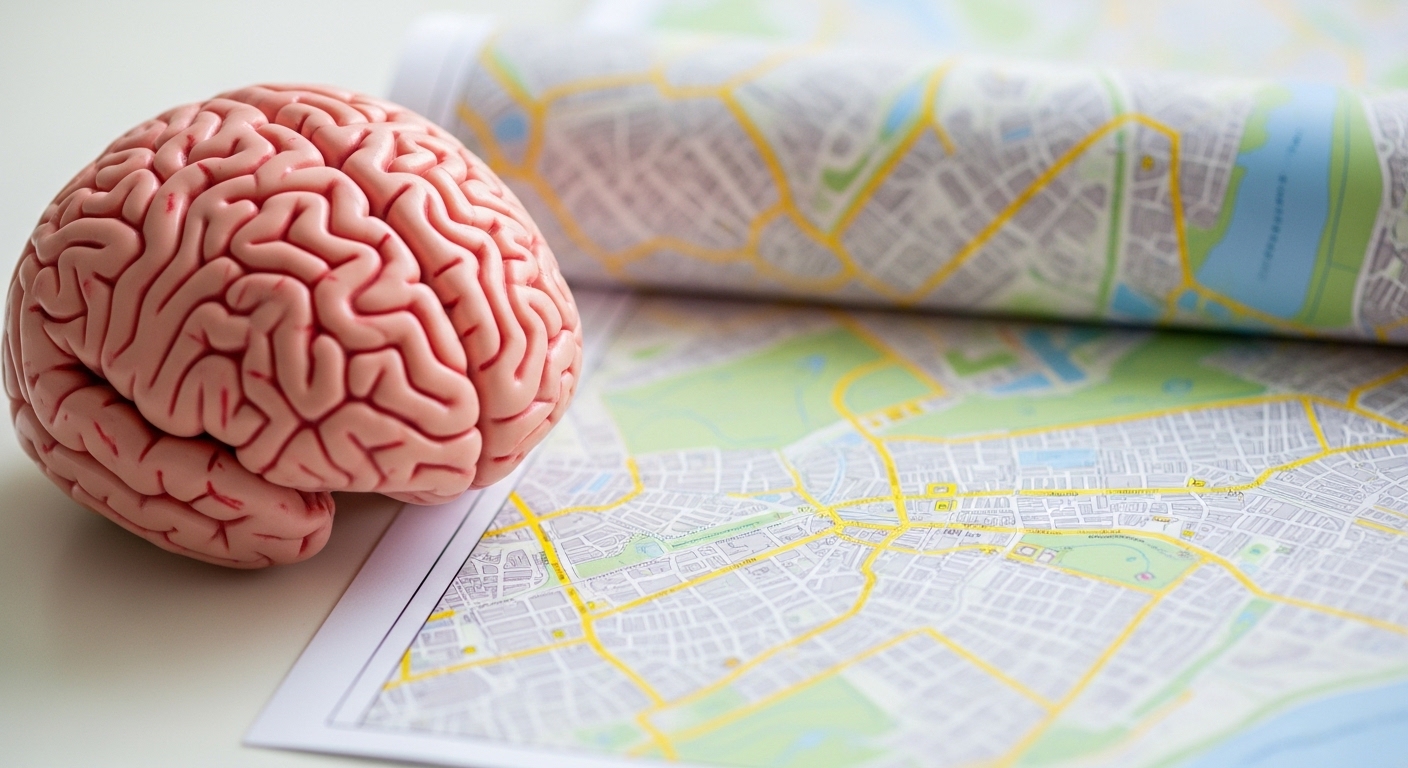 Brain model beside open city map, scientific setting