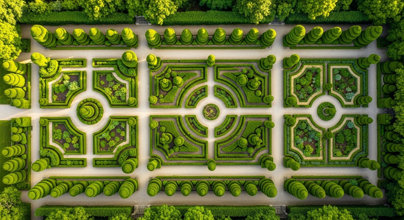 Aerial view of shaped tree garden patterns