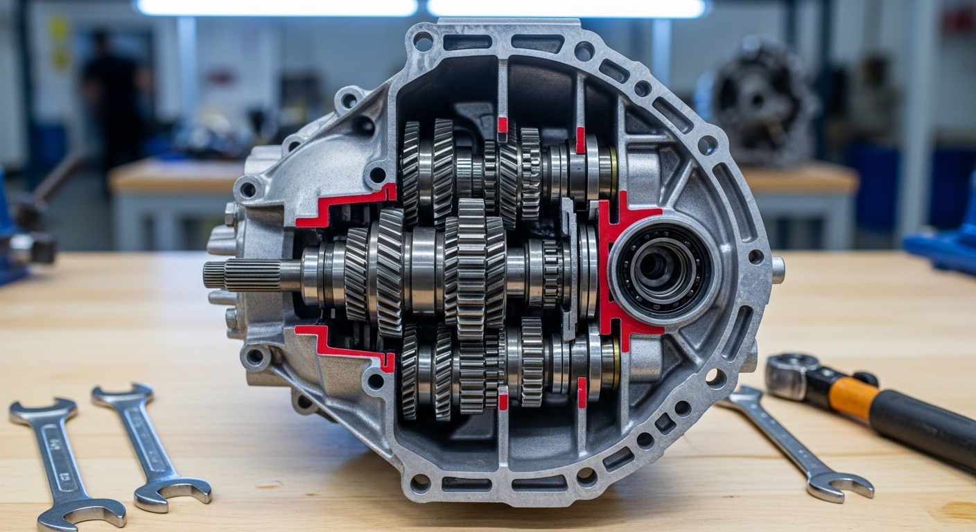 Cutaway view of manual transmission gearbox internals