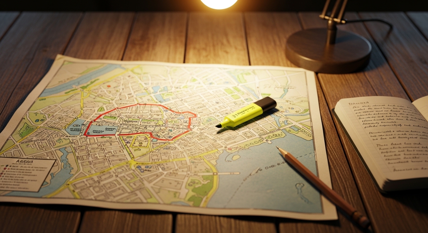 Annotated hand-drawn London street map on wooden table