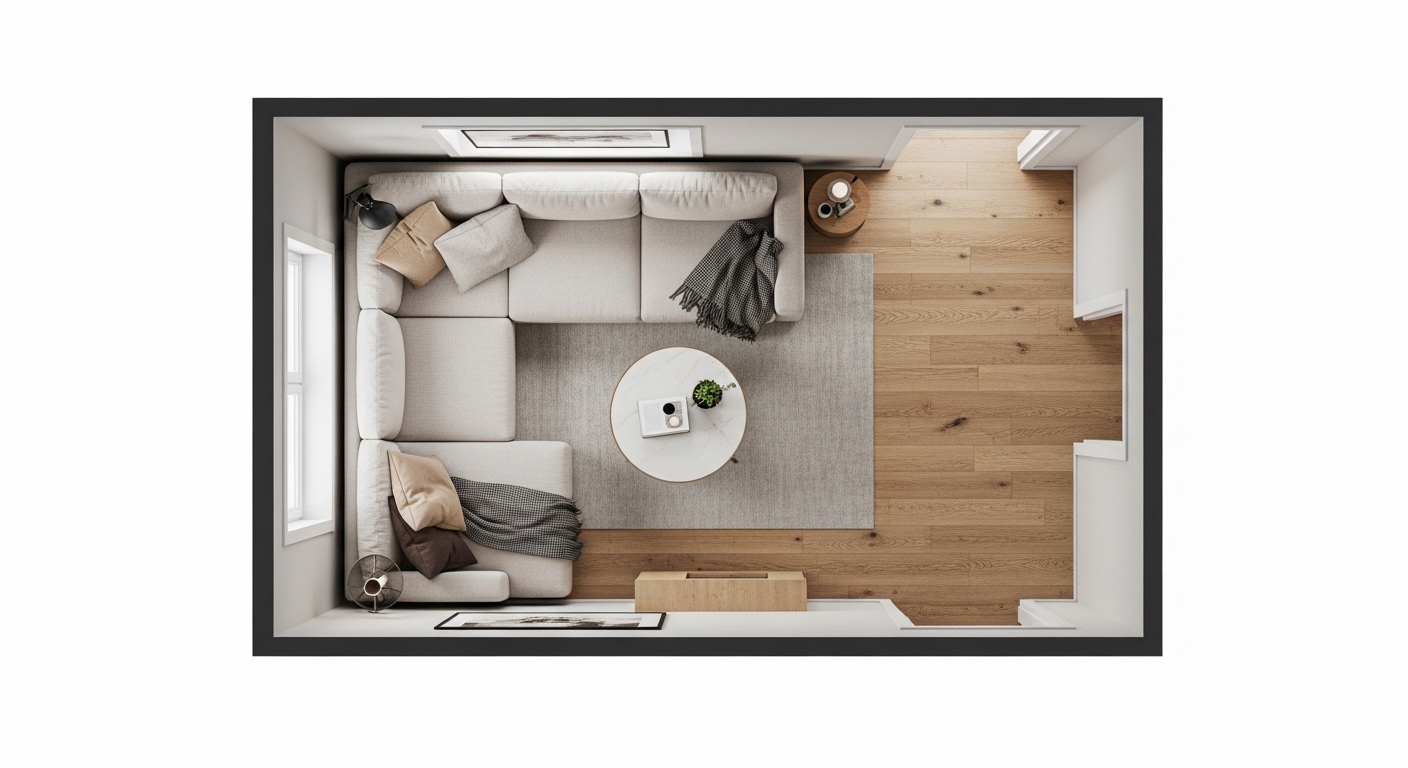 Top-down view of small living room with L-shaped sectional layout