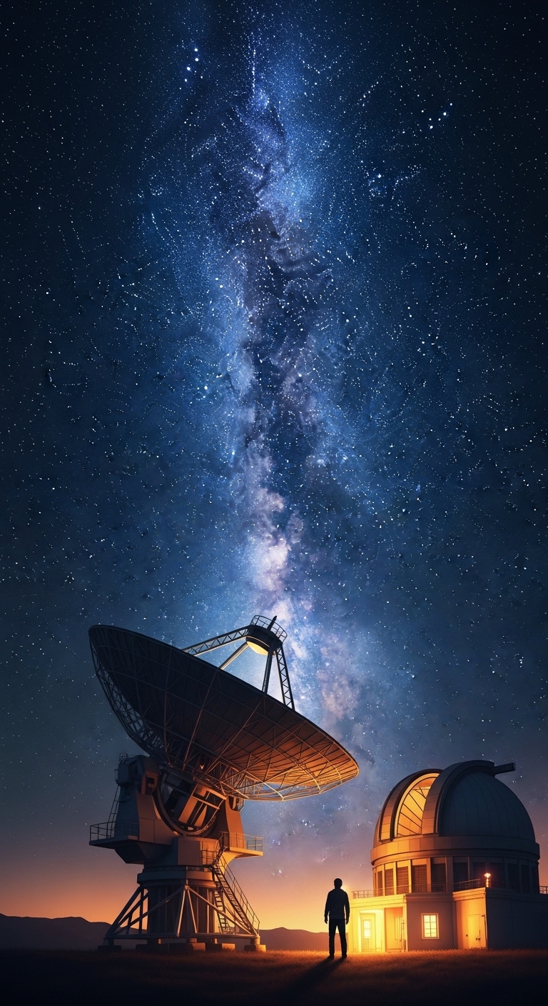 Astronomer standing beside large telescope under starry sky
