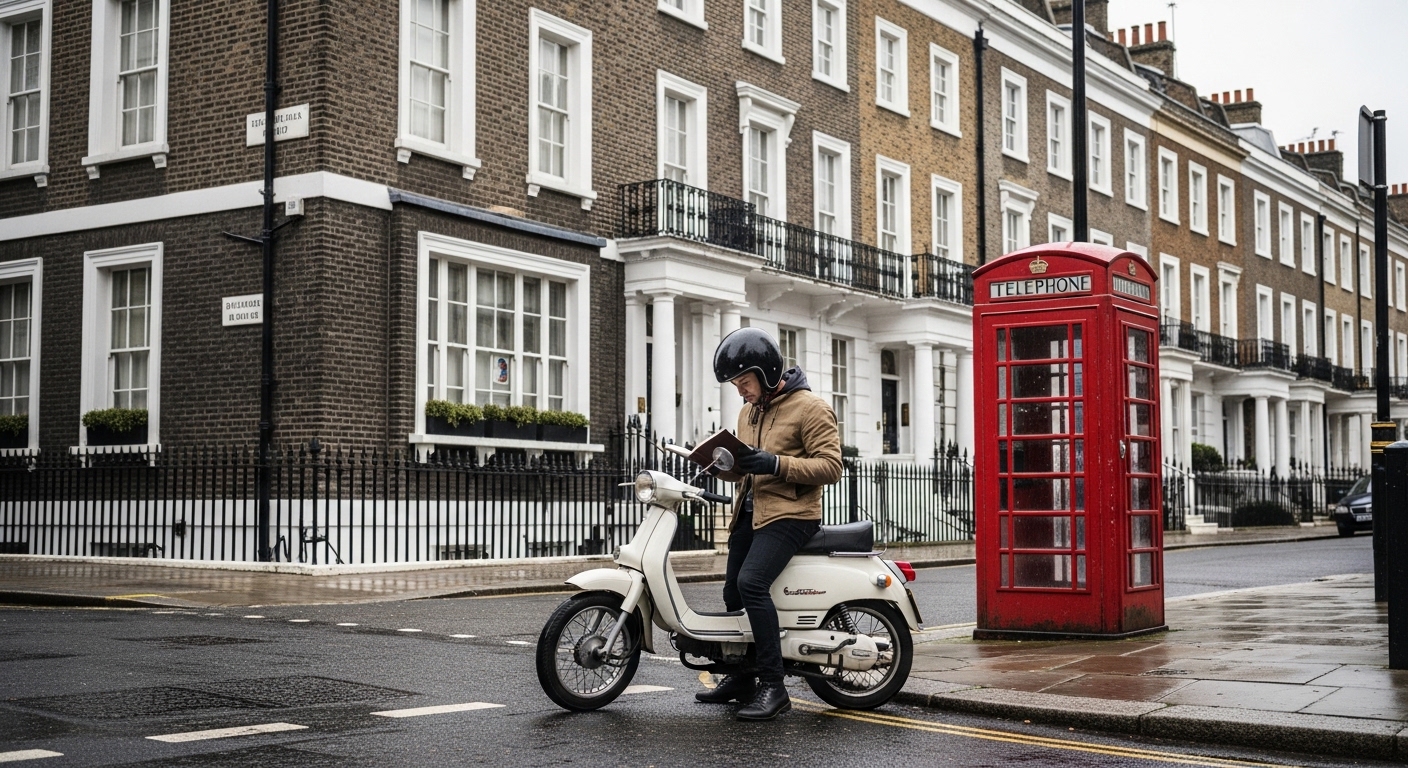 Moped rider studying street map at London corner