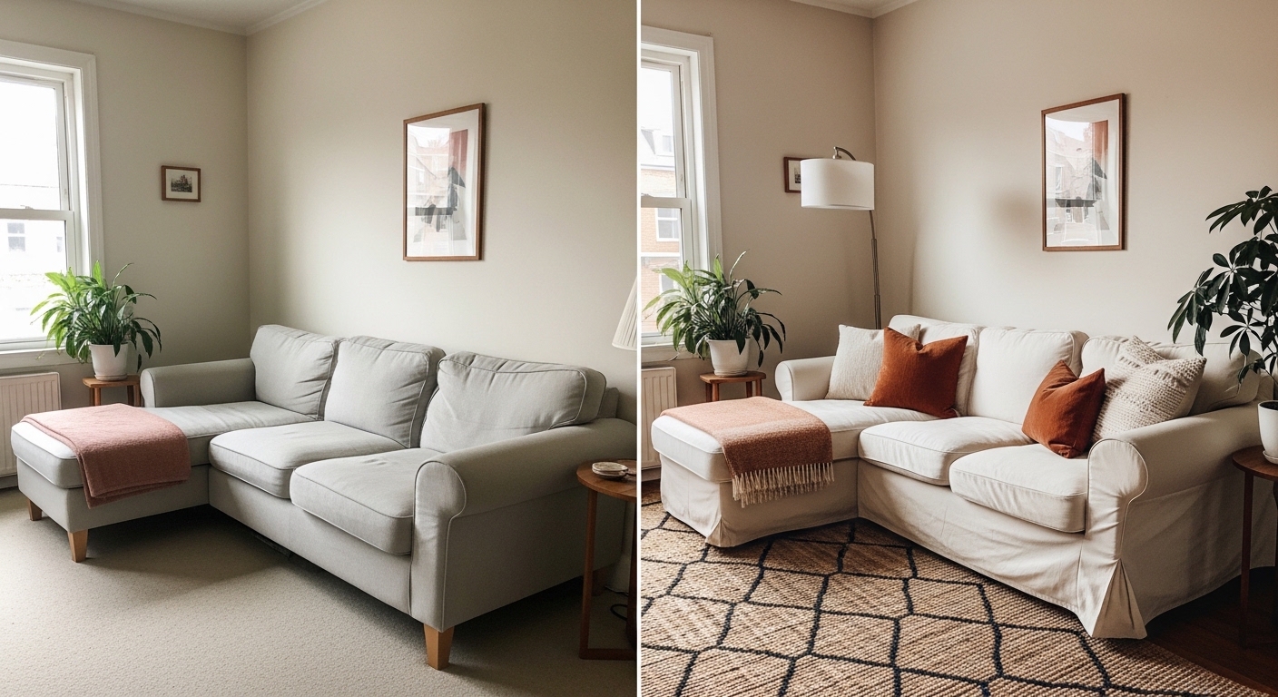 Before and after small living room transformation with sectional sofa upgrades