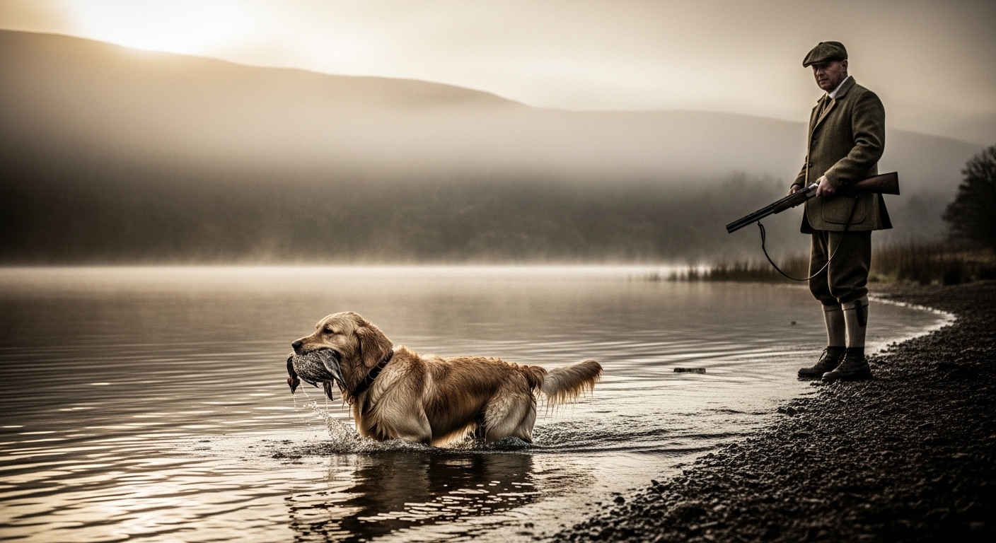golden retriever retrieving game from a misty Scottish loch
