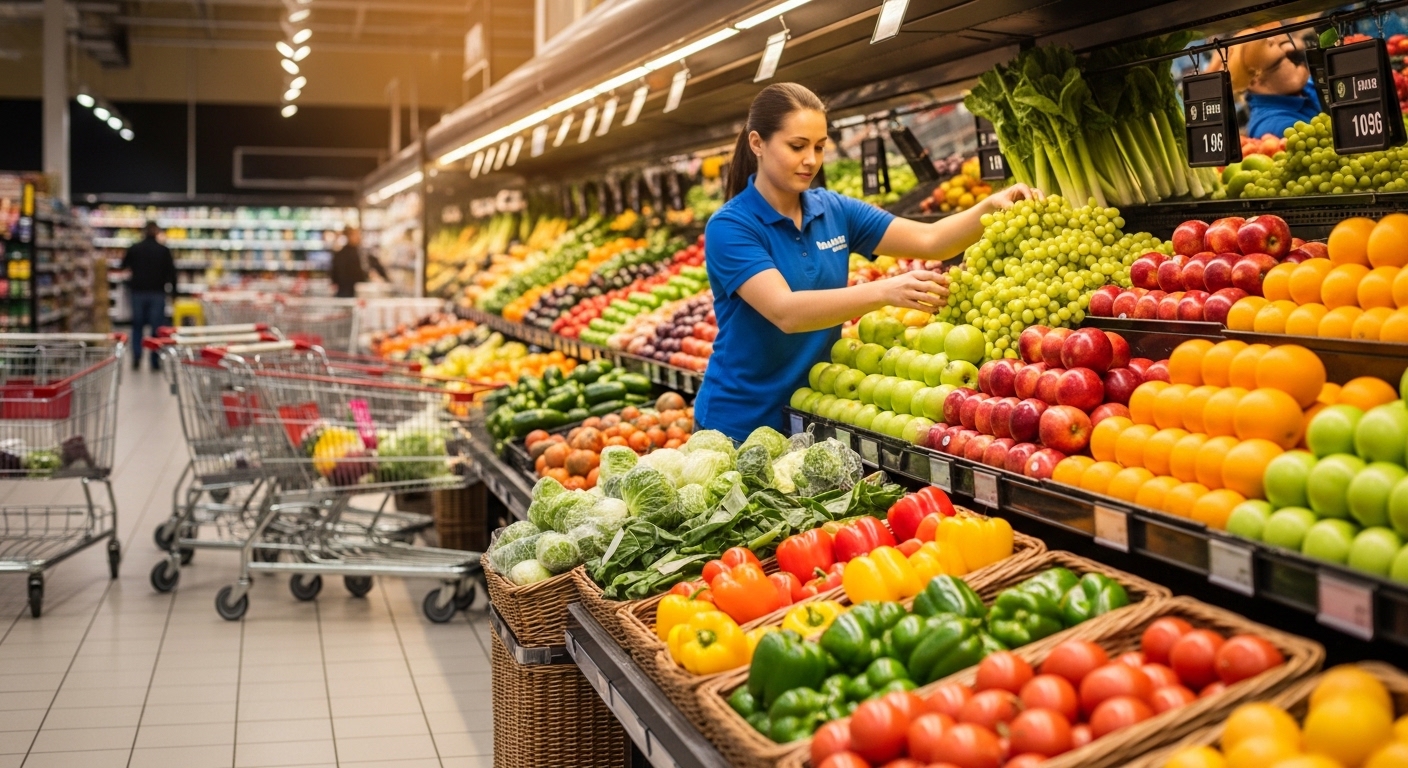 Grocery store employee restocking fresh produce display