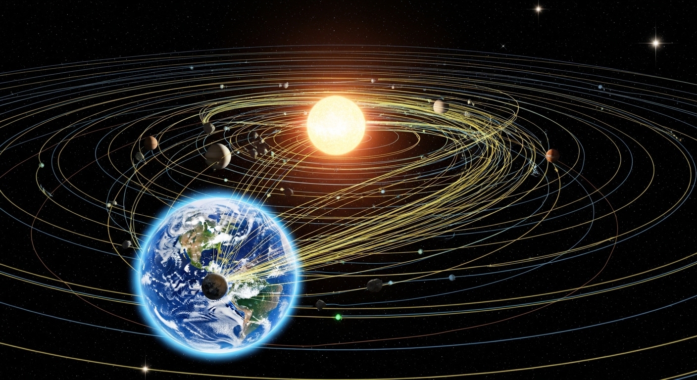 Orbital trajectory visualization showing asteroid paths near Earth