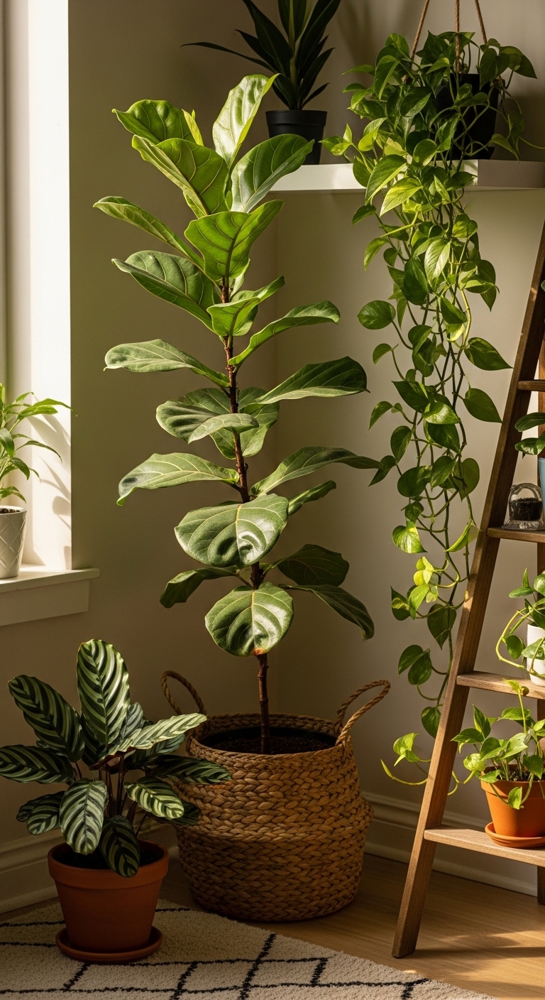 Freshly cleaned indoor plant corner glowing in warm afternoon light