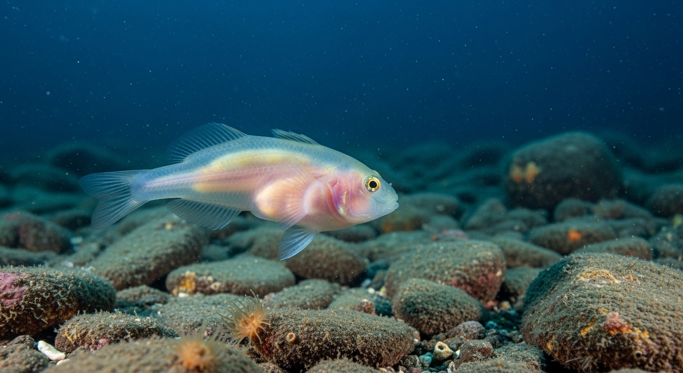 Translucent snailfish swimming near deep ocean floor