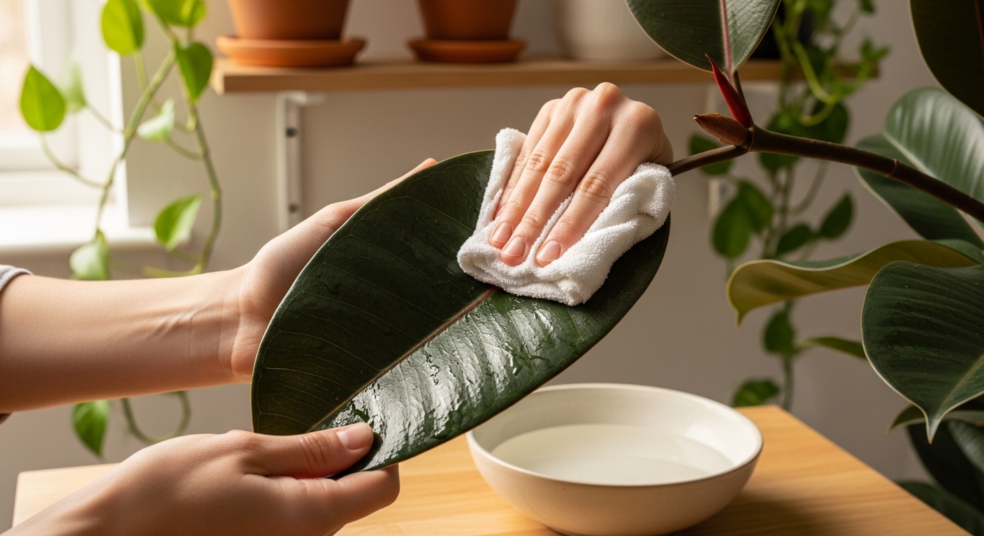 Hand wiping rubber plant leaf clean with damp white cloth