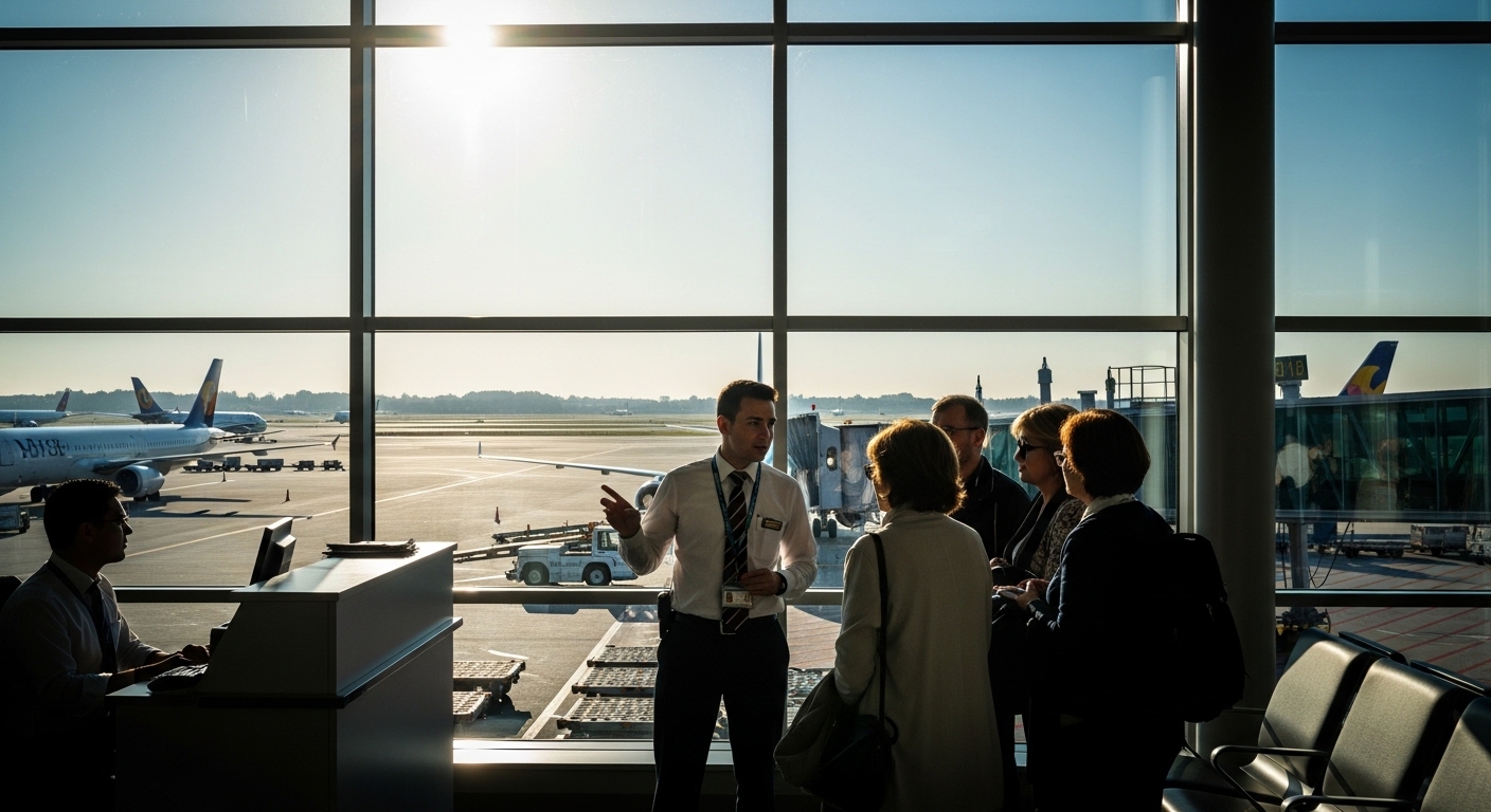 Gate agent addressing passengers at airport departure gate
