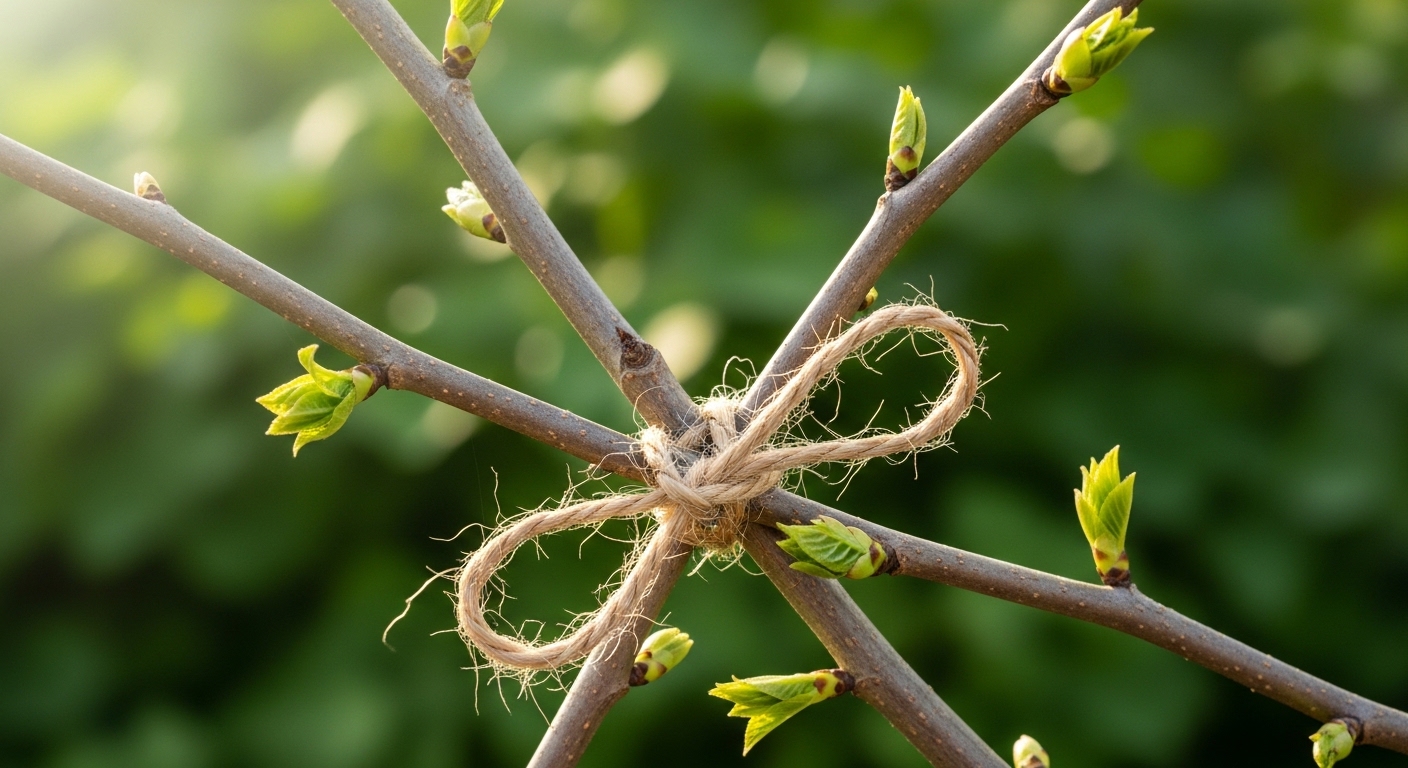 Two young branches tied for grafting