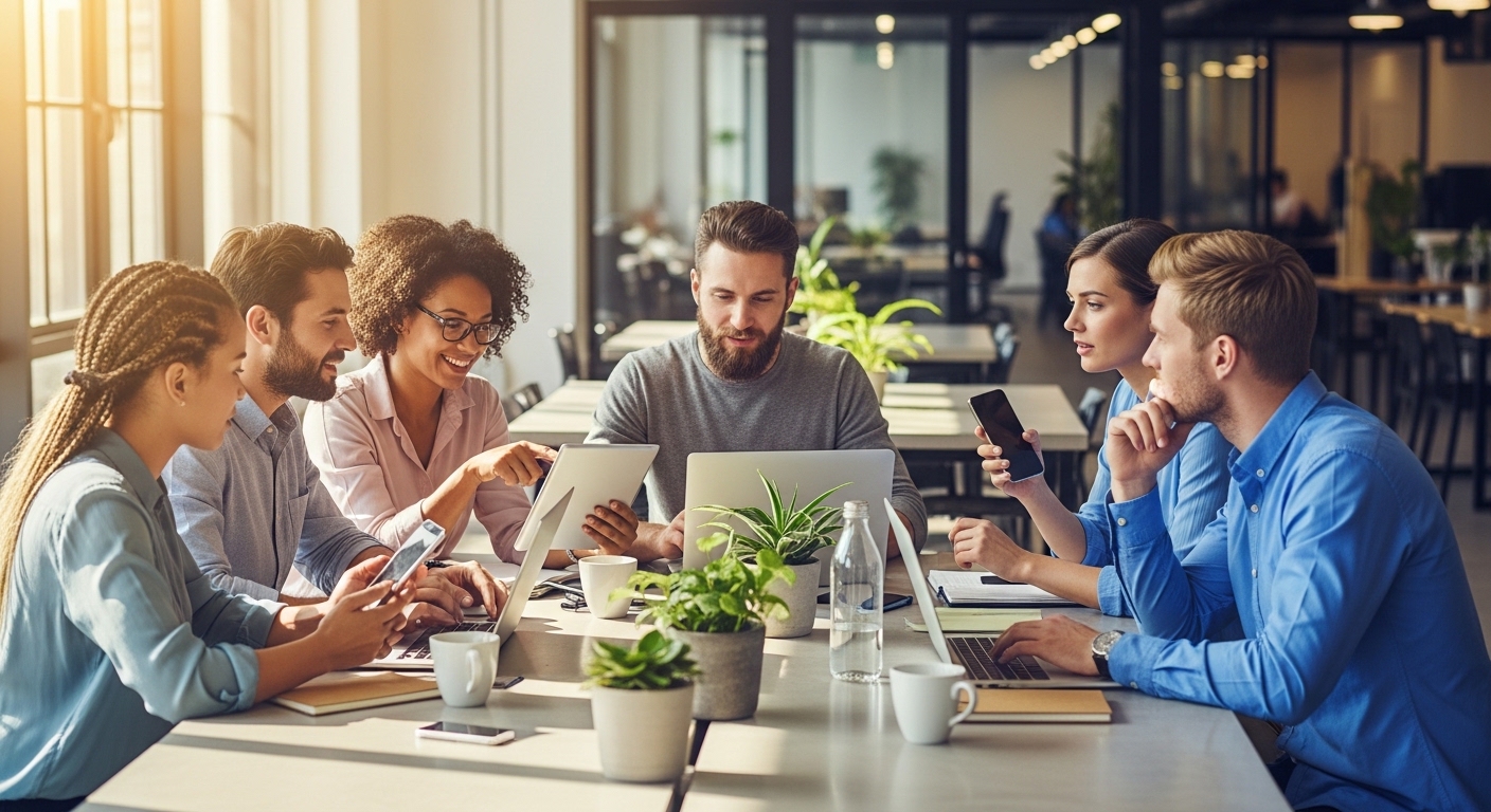 People discussing technology around co-working table