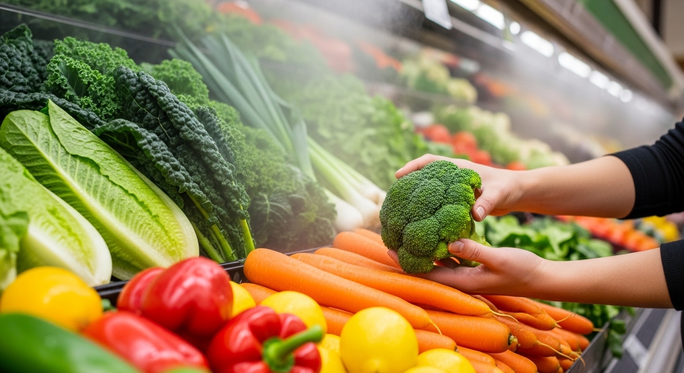 Hands selecting fresh vegetables in produce aisle