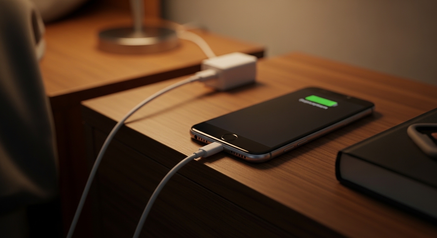 Smartphone charging on nightstand with wired cable