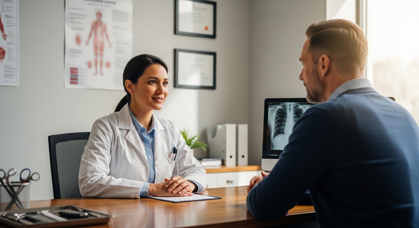 Doctor speaking calmly with patient in clinic