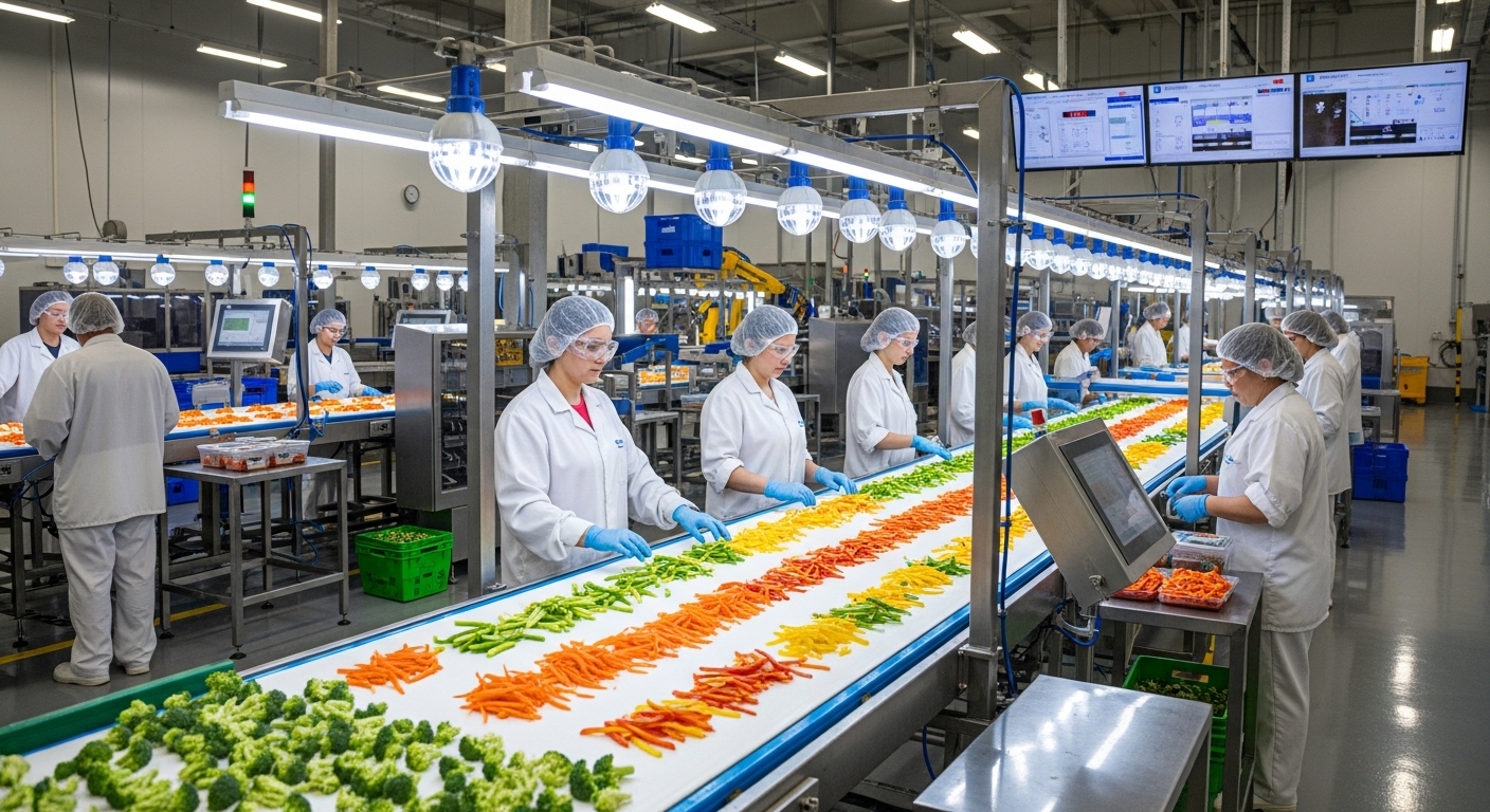 Workers monitoring food processing conveyor belts