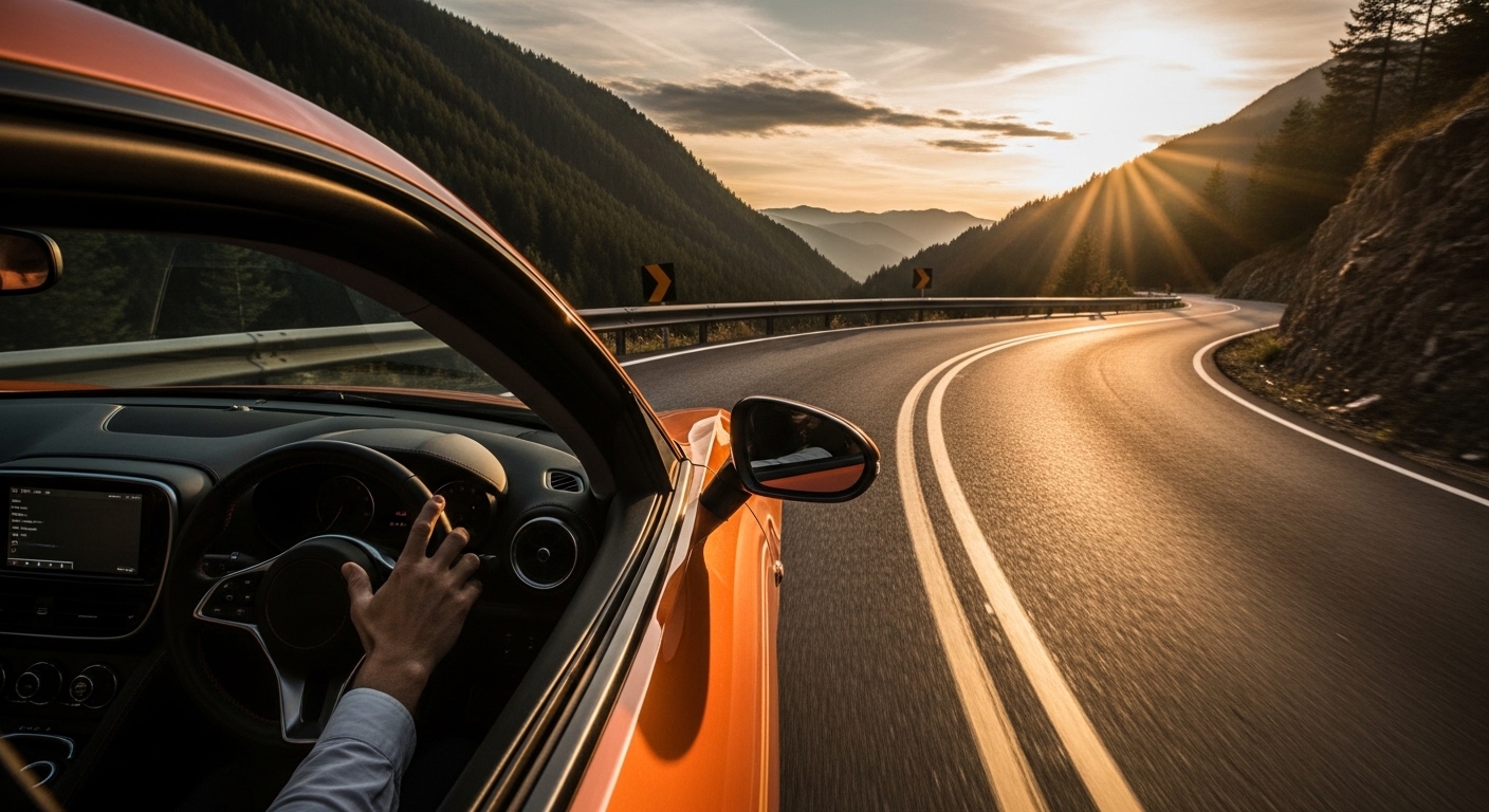 Sports car on mountain road at golden hour