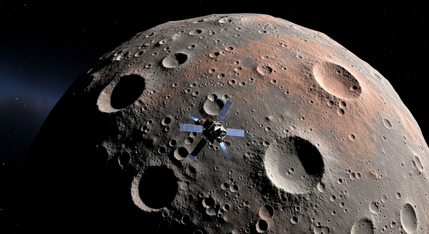Spacecraft approaching a rocky asteroid in deep space