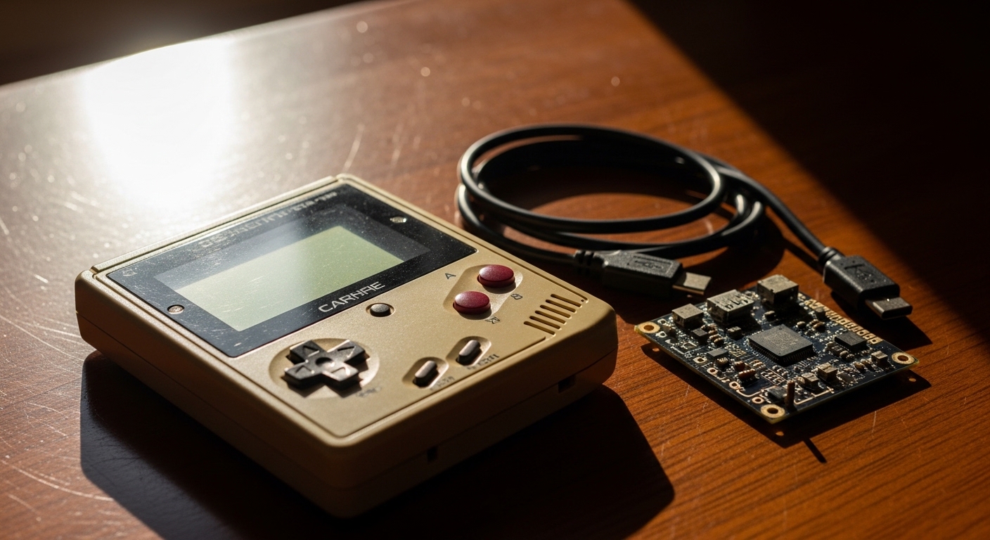 Gaming handheld console with circuit board on table