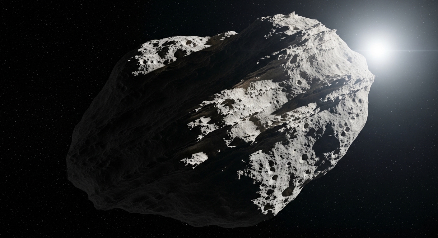 Rocky asteroid tumbling through deep space
