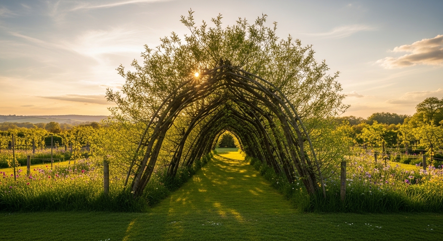 Living willow tunnel in a garden
