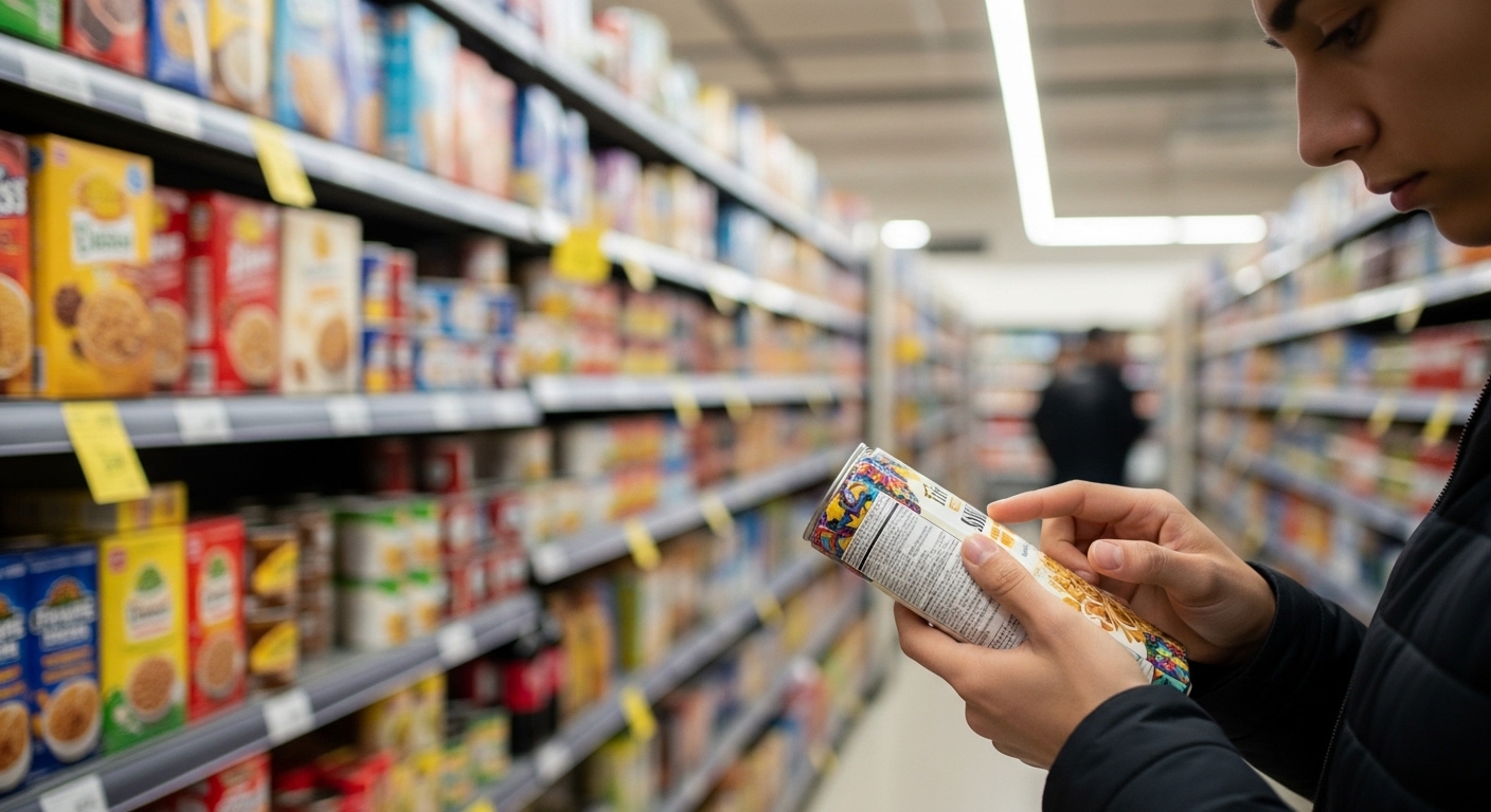 Shopper reading product label in grocery store aisle