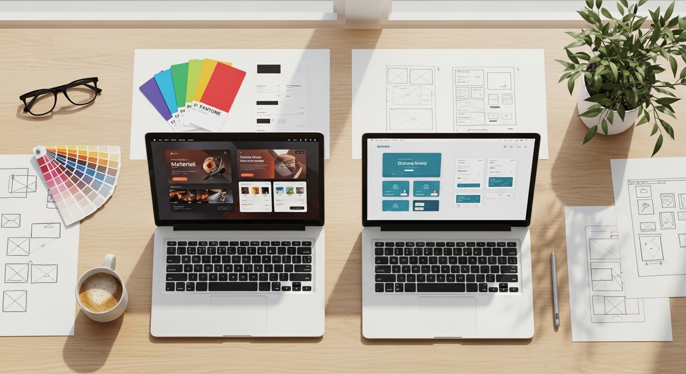 Designer workspace comparing skeuomorphic and flat UI mockups